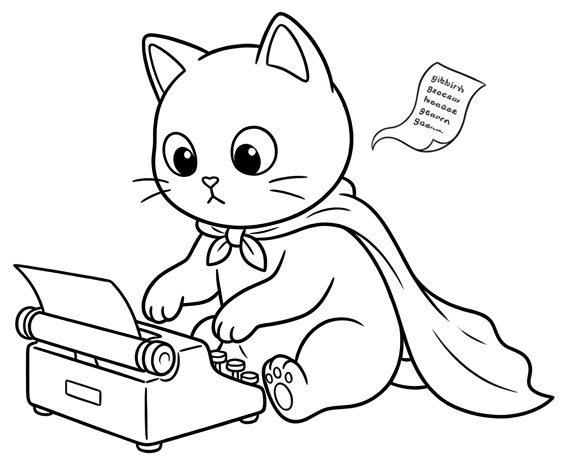 A paper-cutout cat in a cape working at a typewriter.